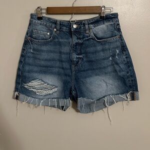 H&M High Waist Distressed Denim Shorts - Dark Blue